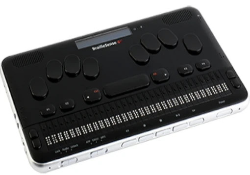 Bloco de notas BrailleSense 6 com teclado Braille, teclas de função, botões multimédia e visor LCD