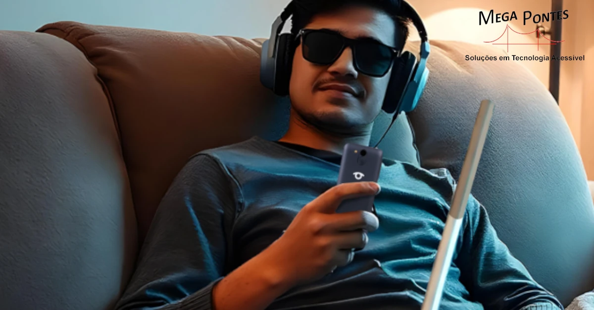 Jovem cego com auscultadores ouve música no seu Blindshell Classic 3