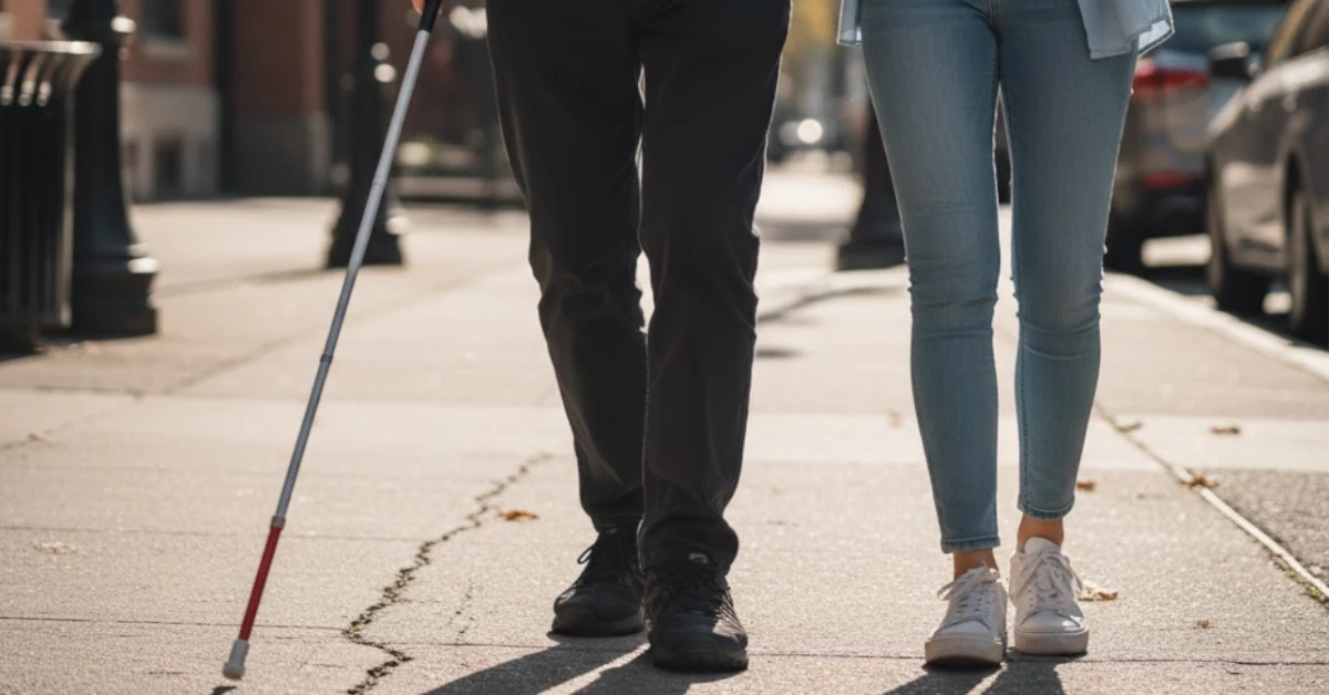 Homem cego a ser guiado na rua por uma jovem