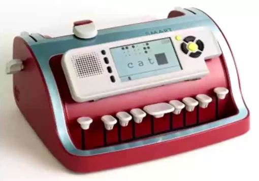Máquina elétrica para escrita de Braille vermelha standard com visor e teclado Perkins.