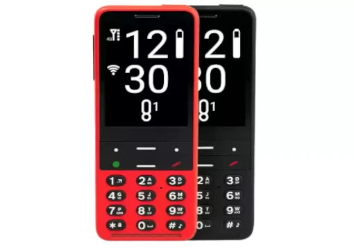 Telefone vermelho ou preto com ecrã ampliado de alto contraste, teclado com botões grandes e tácteis