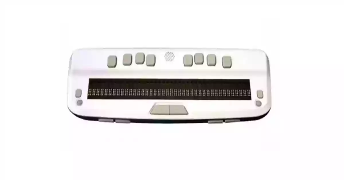 Linha Braille cinza com 40 células e botões de navegação brancos