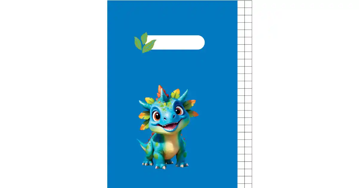 Capa de caderno azul com um pequeno dinossauro azul claro e amarelo
