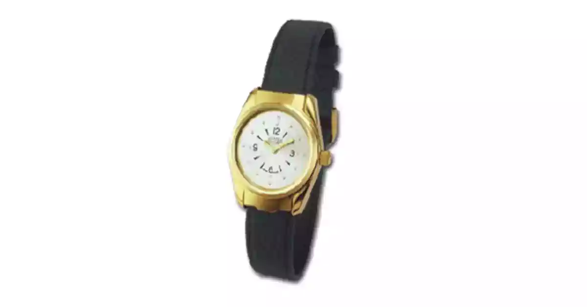 Relógio de pulso com caixa metálica dourada redonda, mostrador branco e bracelete preta