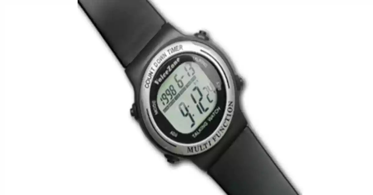 Relógio de pulso com caixa plástica preta e cinzenta redonda, mostrador LCD e bracelete preta