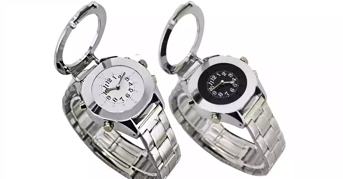 2 relógios com tampa do visor aberta caixa metálica mostrador preto ou branco bracelete metal
