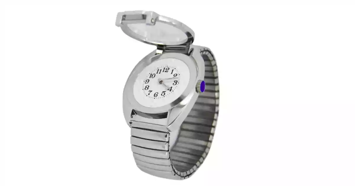 Relógio com tampa do visor aberta caixa metálica cromada mostrador branco bracelete metálica