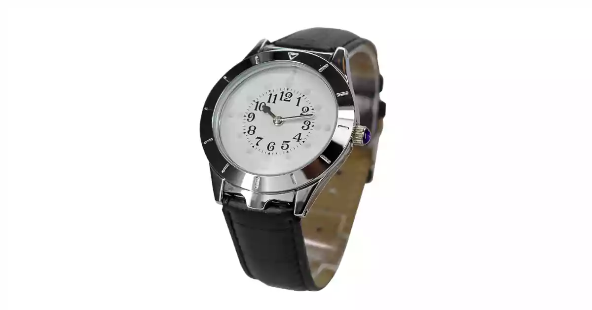 Relógio de pulso, caixa metálica cromada redonda, mostrador preto, bracelete preta