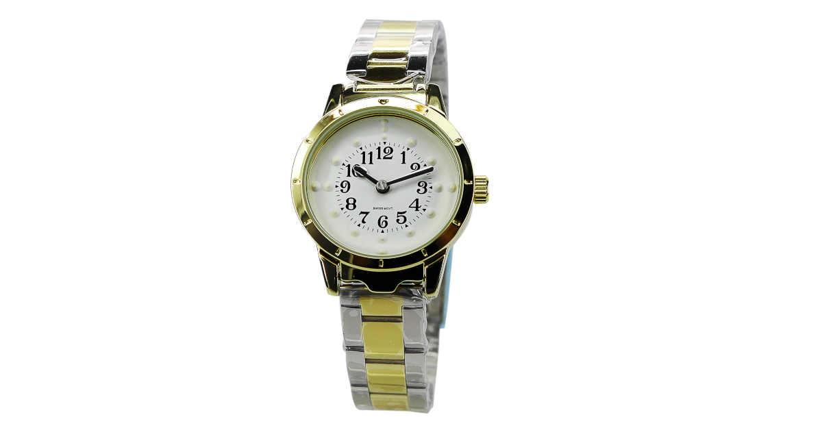 Relógio de pulso, caixa metálica dourada, mostrador branco, bracelete metálica cromada e dourada