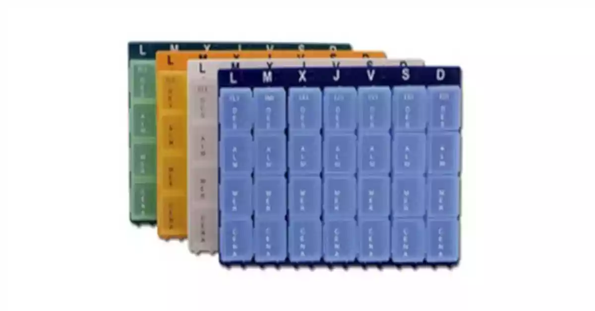 Organizador de comprimidos com 7 caixas de 4 recepientes dias da semana marcados a Braille