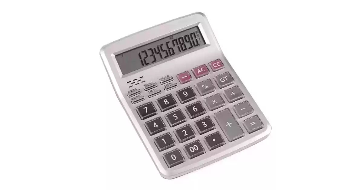 Calculadora de mesa cinzenta com visor grande e teclado robusto