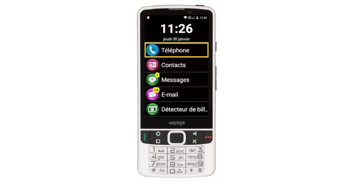Telefone cinzento claro, teclado numérico com carateres pretos e ecrã de alto contraste