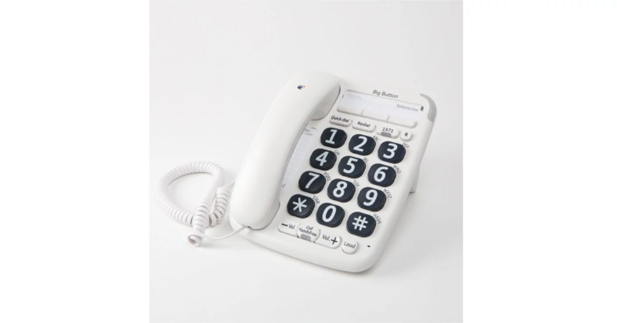 Telefone fixo com fios branco com teclas pretas grandes e números brancos grandes