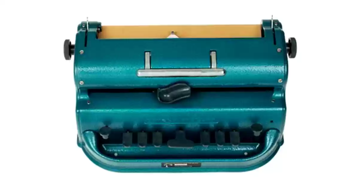 Máquina para escrita mecânica de Braille expandido, em metal com acabamento em esmalte azul/cinza