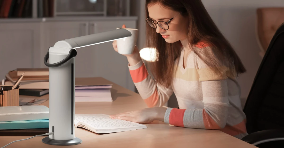 Uma senhora desenhar roupa sob o candeeiro Daylight numa mesa de cozinha