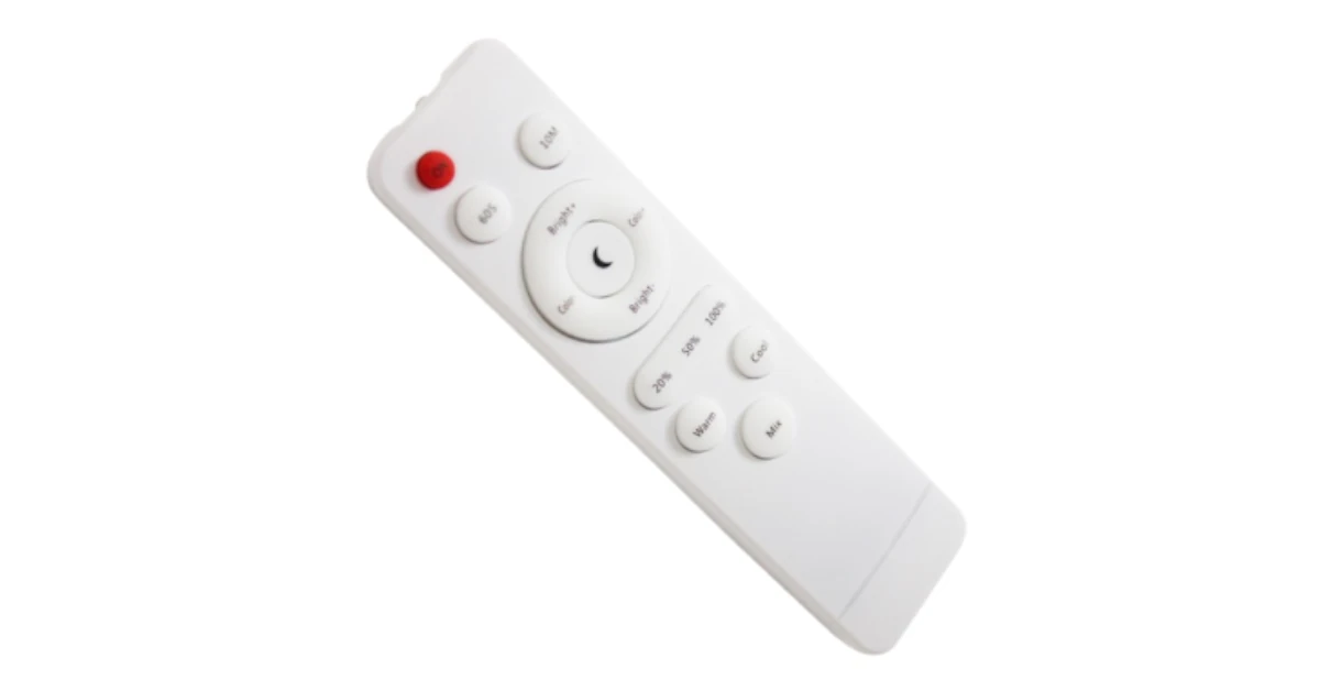 Comando branco com botões para controlar a intensidade e temperatura da luz