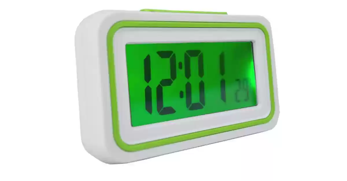 Relógio branco com friso verde, horas e temperatura com números grandes e visor LCD iluminado verde