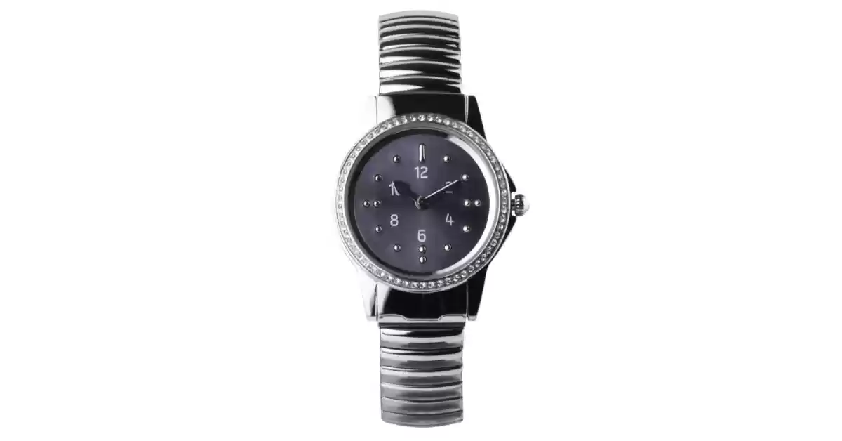 Relógio em aço inoxidável, bracelete em aço, mostrador cinzento, bordo da caixa redonda com cristais