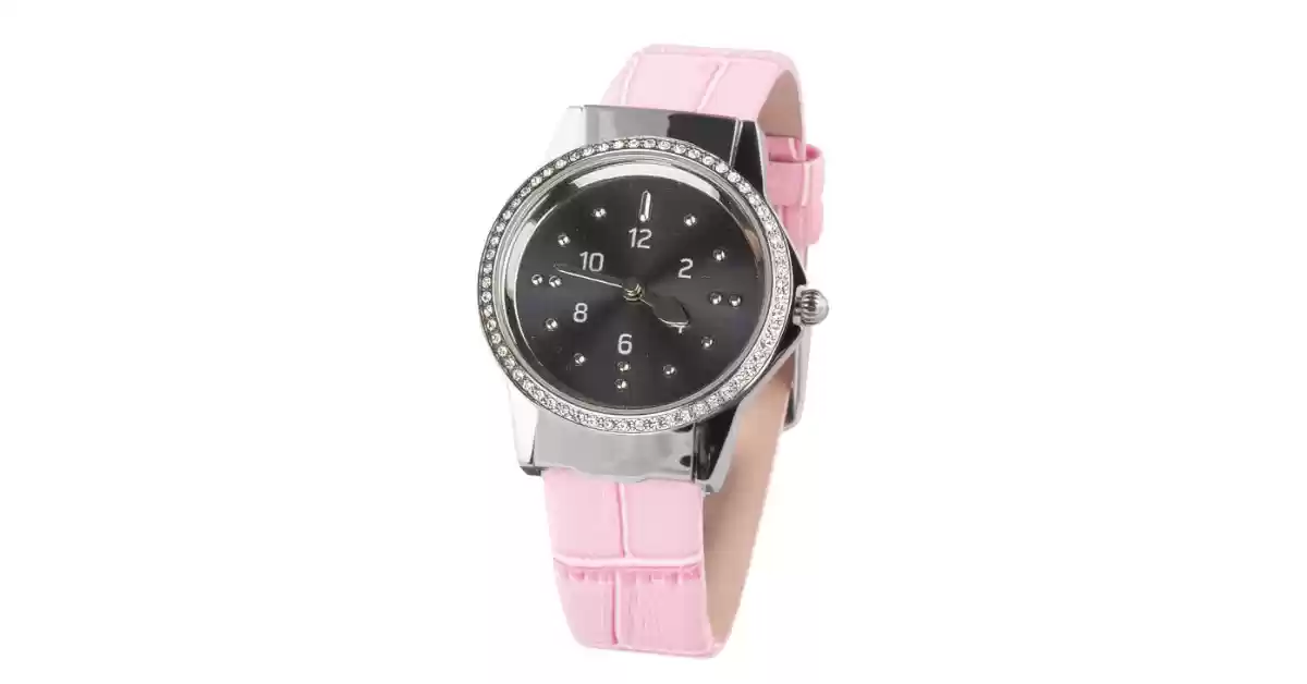 Relógio em aço inoxidável, bracelete rosa, mostrador cinzento, bordo da caixa redonda com cristais