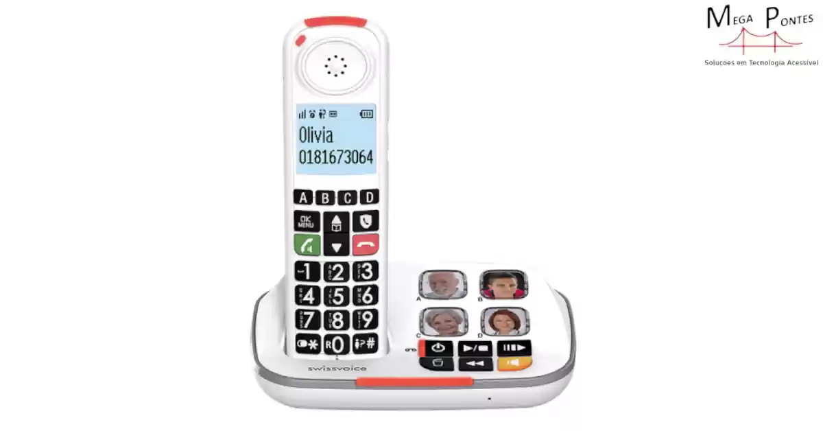 Telefone sem fios branco com teclas pretas grandes e teclas de marcação rápida grandes com foto