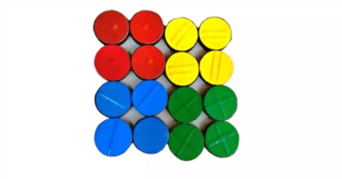 Conjunto de 16 peões táteis, 4 vermelhos, 4 amarelos, 4 azuis e 4 verdes