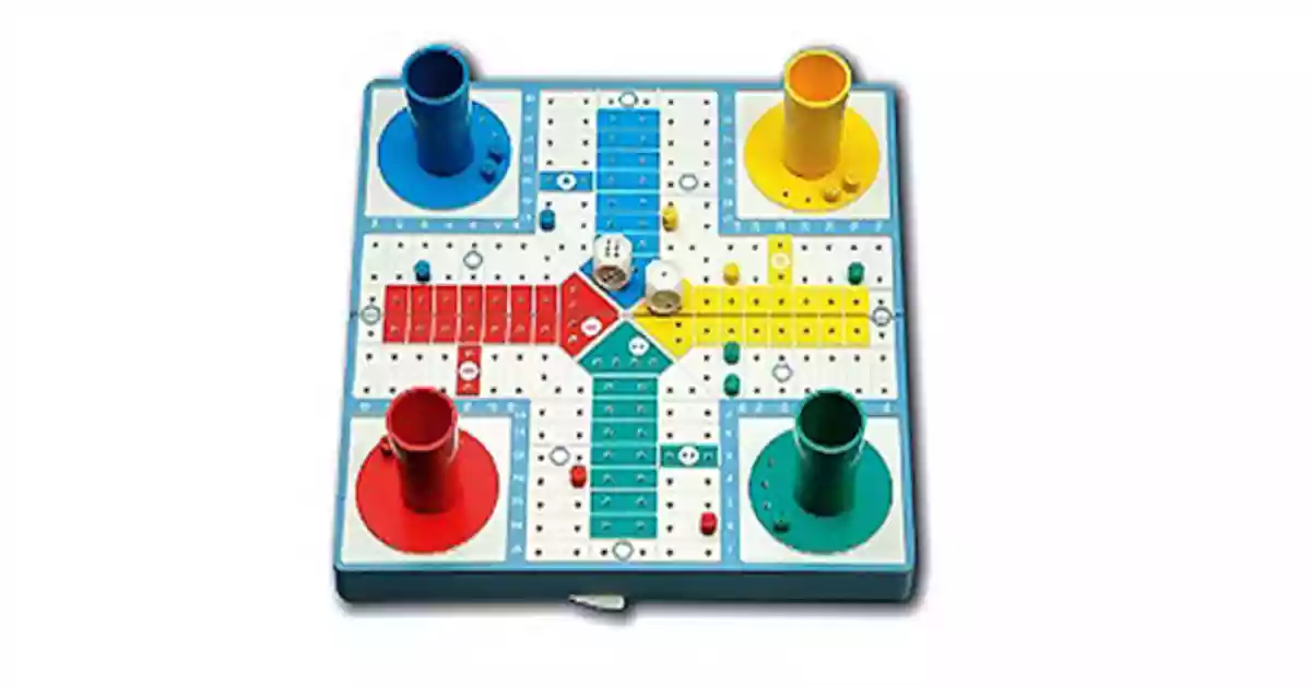 Jogo do ludo a quatro cores, azul, amarelo, vermelho e verde, com dois dados e conjunto de fichas