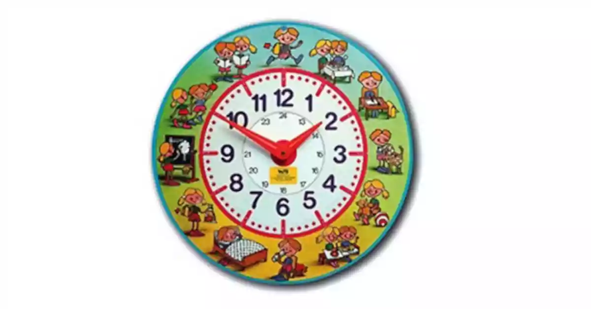 Relógio de aprendizagem colorido, em cada hora tem um desenho de uma criança numa atividade