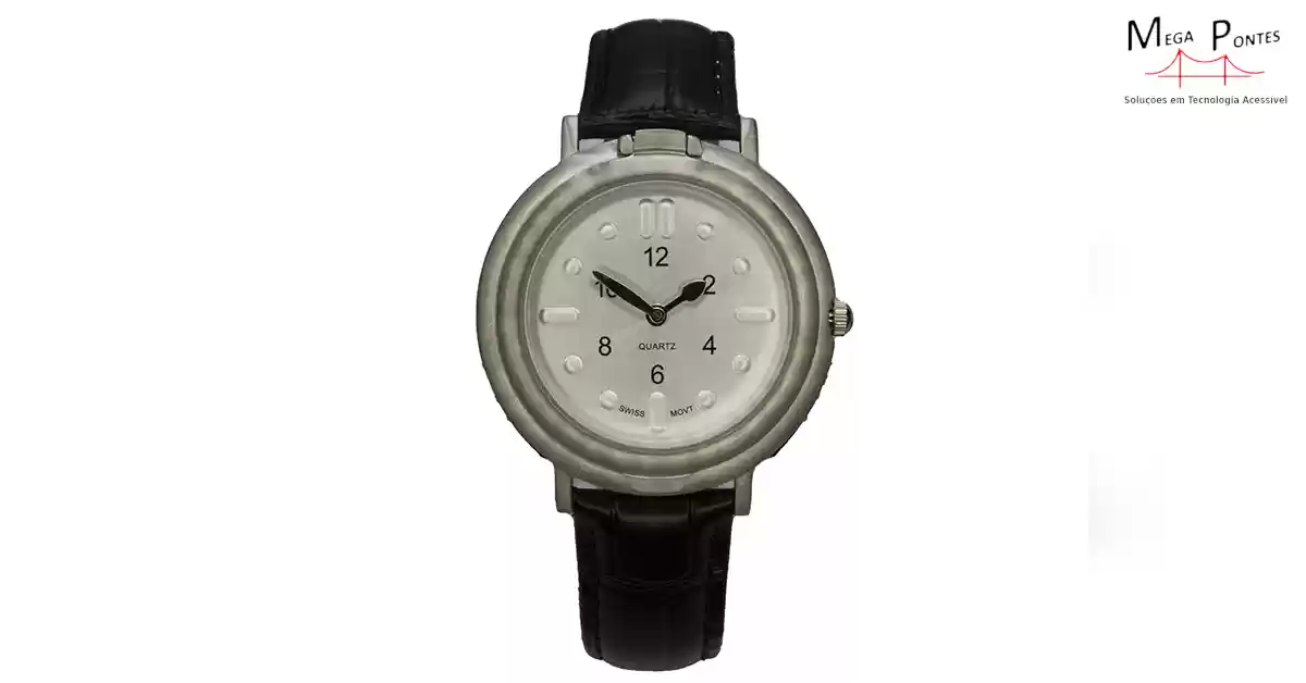 Relógio táctil RNIB CW250-K, caixa em aço escovado, mostrador e ponteiros prata bracelete pele preta