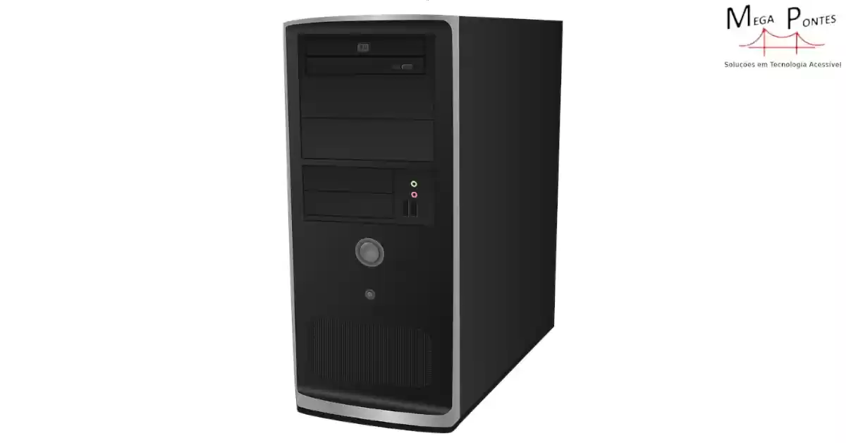 Caixa de computador preta com leitor de DVD, entradas USB e fichas para auscultadores e microfone