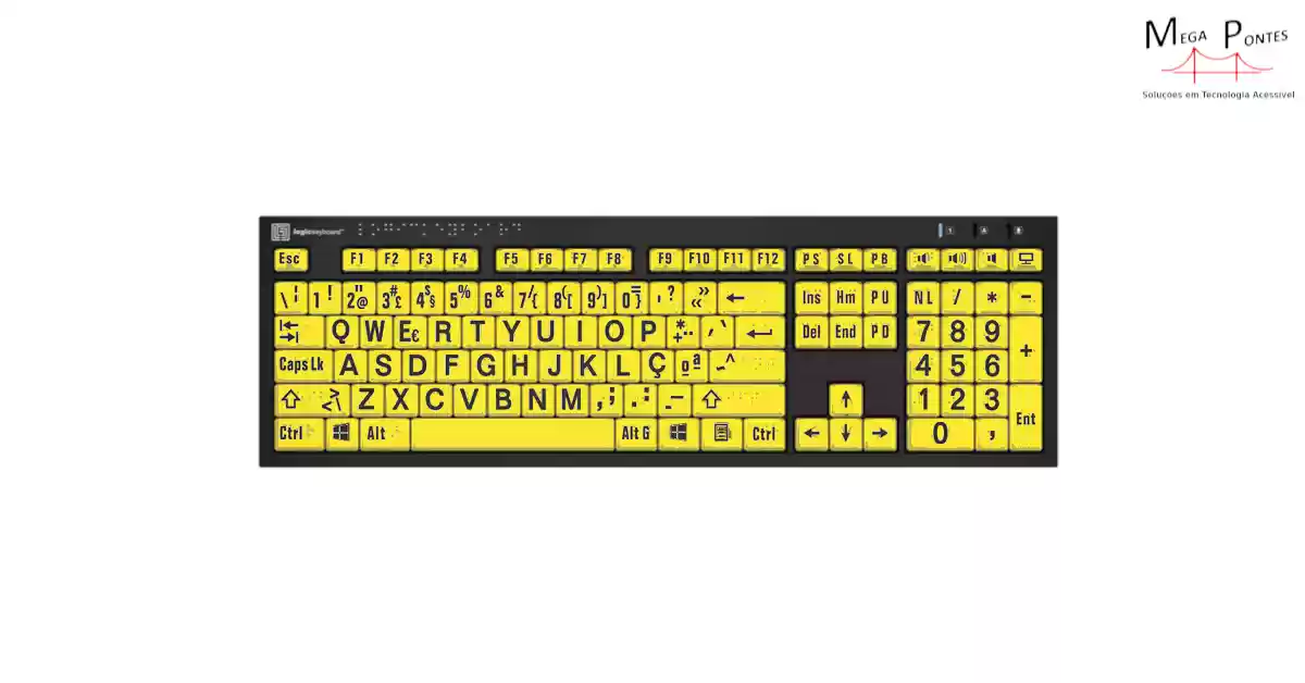 Teclado português ampliado teclas amarelas marcadas com Braille e letras pretas na parte superior 