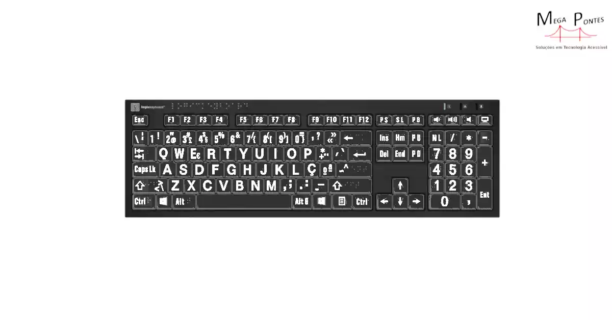 Teclado português ampliado teclas pretas marcadas com Braille e letras brancas na parte superior 