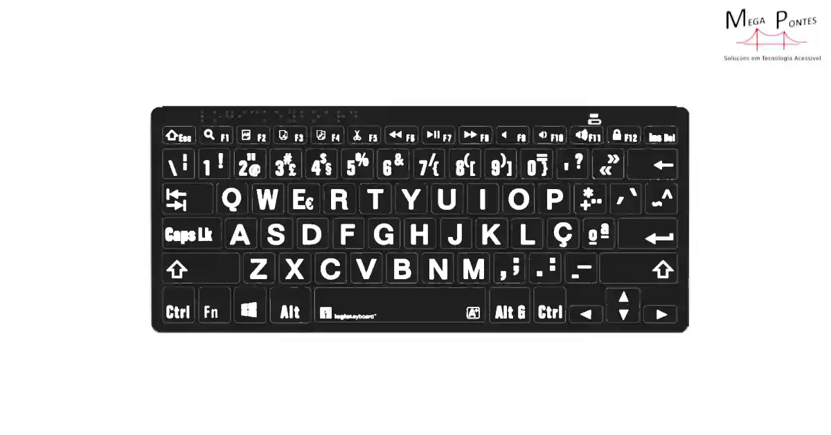 Teclado português ampliado teclas pretas marcadas com Braille e letras brancas grandes na parte superior 