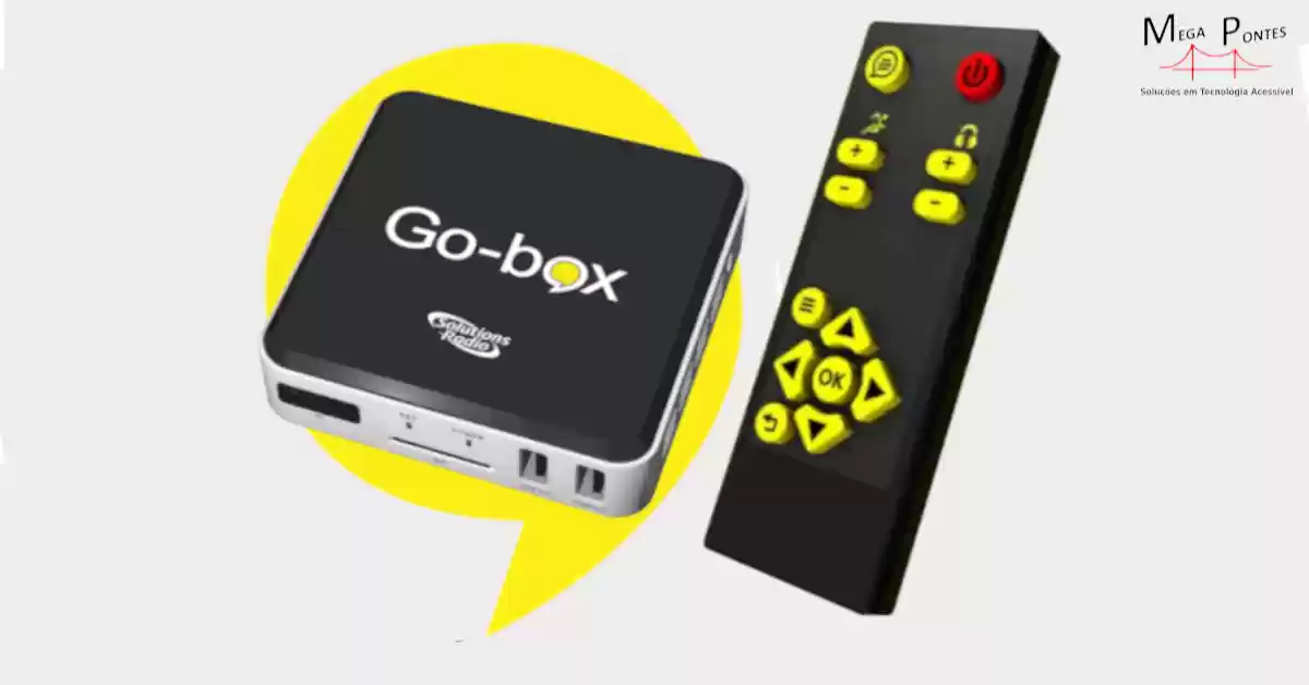 Go-Box com parte superior preta e laterais cinza claro junto a comando preto com botões amarelos