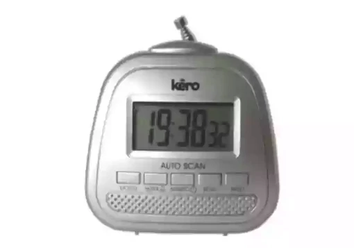 Rádio relógio despertador cinza claro com 5 botões, ecrã LCD grande e saída de som