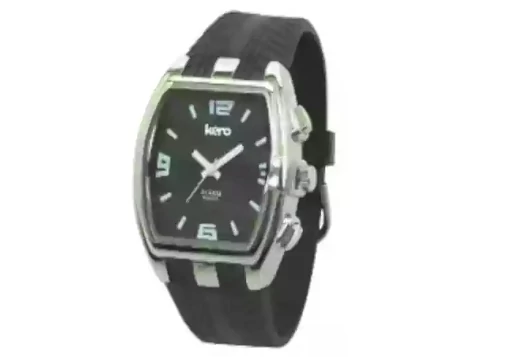 Relógio de pulso, com caixa metalica cromada retangular, mostrador preto e bracelete preta