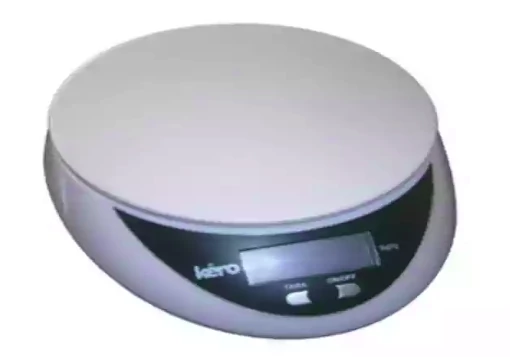 Balança de cozinha branca com ecrã LCD com bordo preto e dois botões de acerto