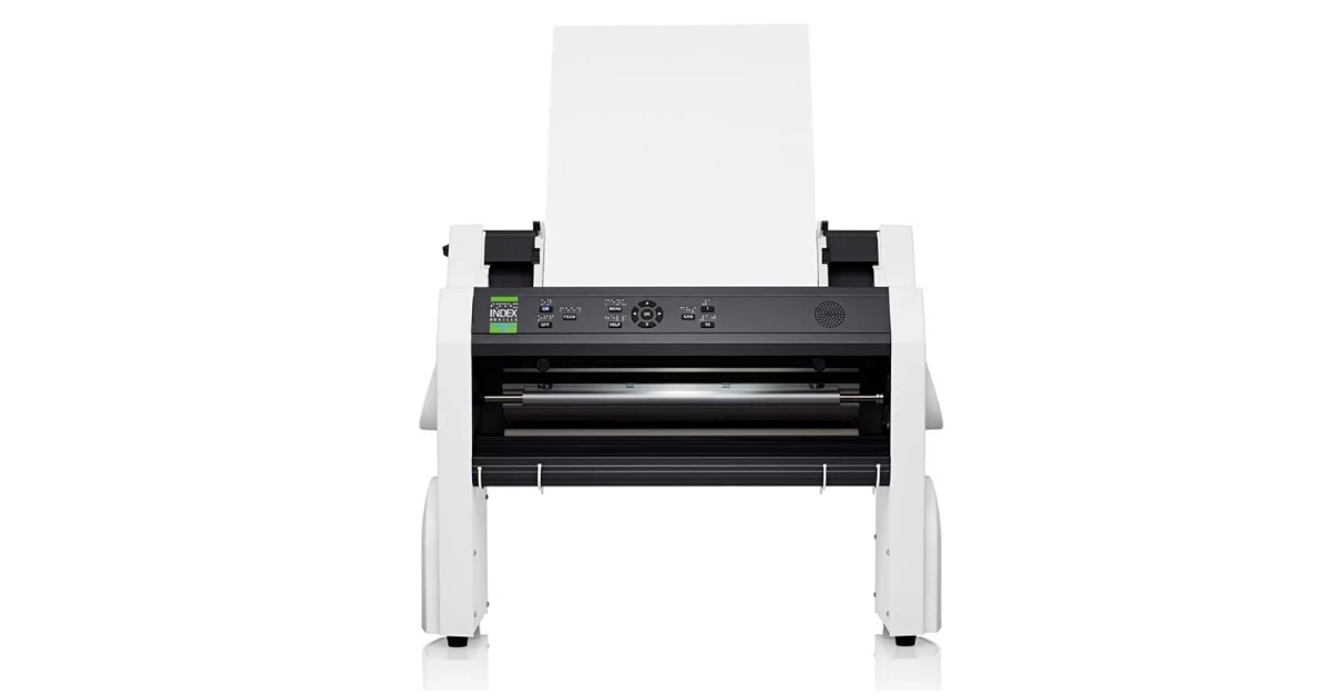 Vista de frente da impressora a destacar o alimentador de papel superior frontal