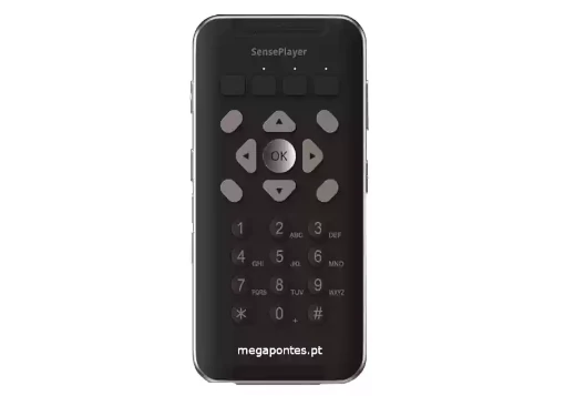 Equipamento portátil de cor preta com câmara de leitura, teclas de navegação e teclado numérico