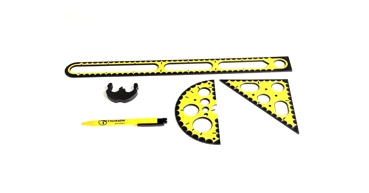 Régua, transferidor, esquadro e caneta TactiPad amarelos com guias e marcações a alto contraste
