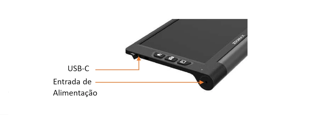 Localização das entradas USB-C e Alimentação na lateral esquerda do Luna 8