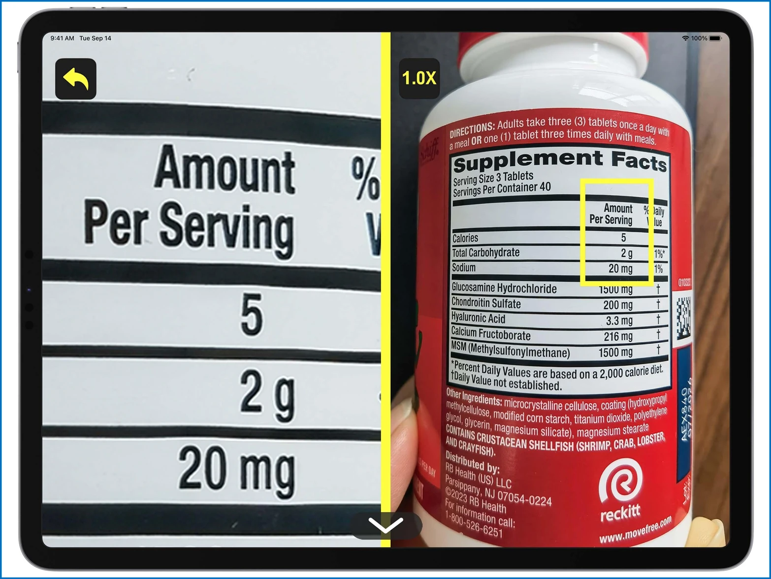 Caixa amarela enquadra a informação a ampliar. A lado a informação enquadrada aparece ampliada