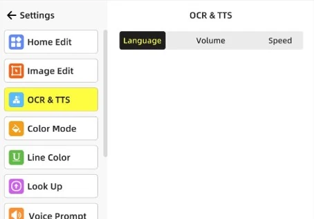 Ecrã com a configuração das funcionalidades de idioma, volume e velocidade de leitura 