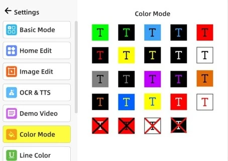 Ecrã com a funcionalidade de escolha dos modos de cor a disponibilizar