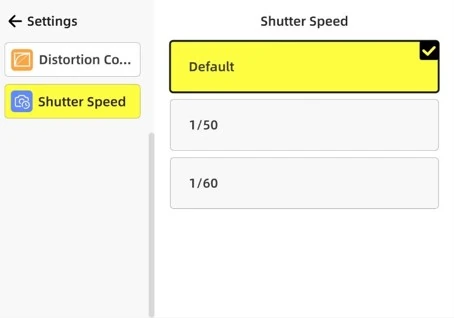 Ecrã com a funcionalidade de escolha da velocidade do obturador 