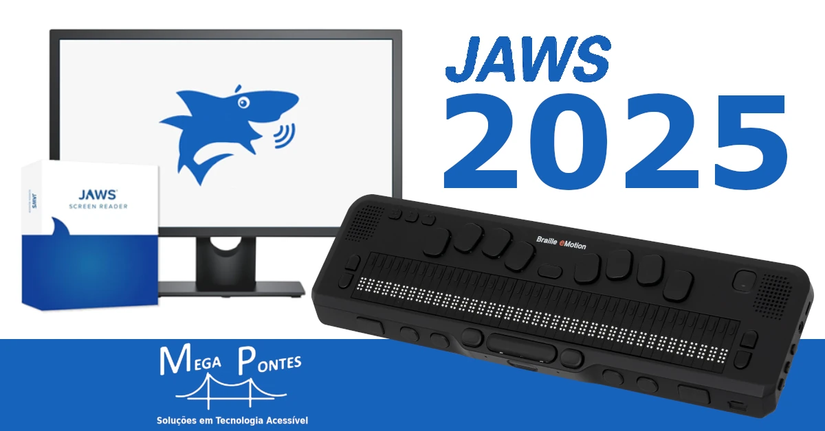 Ecrã com imagem de um tubarão, logo do leitor de ecrã JAWS, junto à linha Braille eMotion