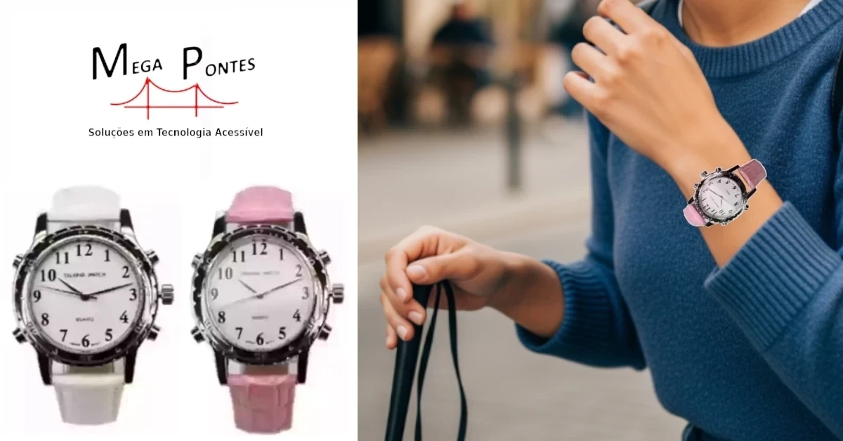 Senhora cega a usar um relógio com voz portuguesa MegaPontes com bracelete rosa