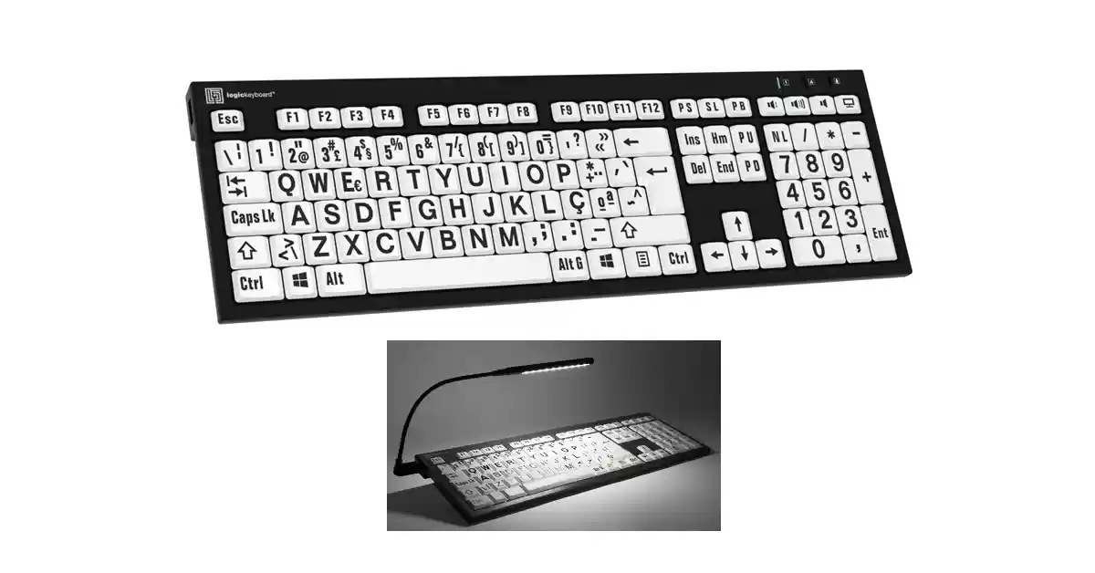 Teclado preto com teclas brancas, caracteres grandes e largos a preto. Possui candeeiro LED preto.