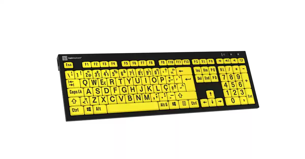 Teclado preto com teclas amarelas, caracteres grandes e largos a preto.