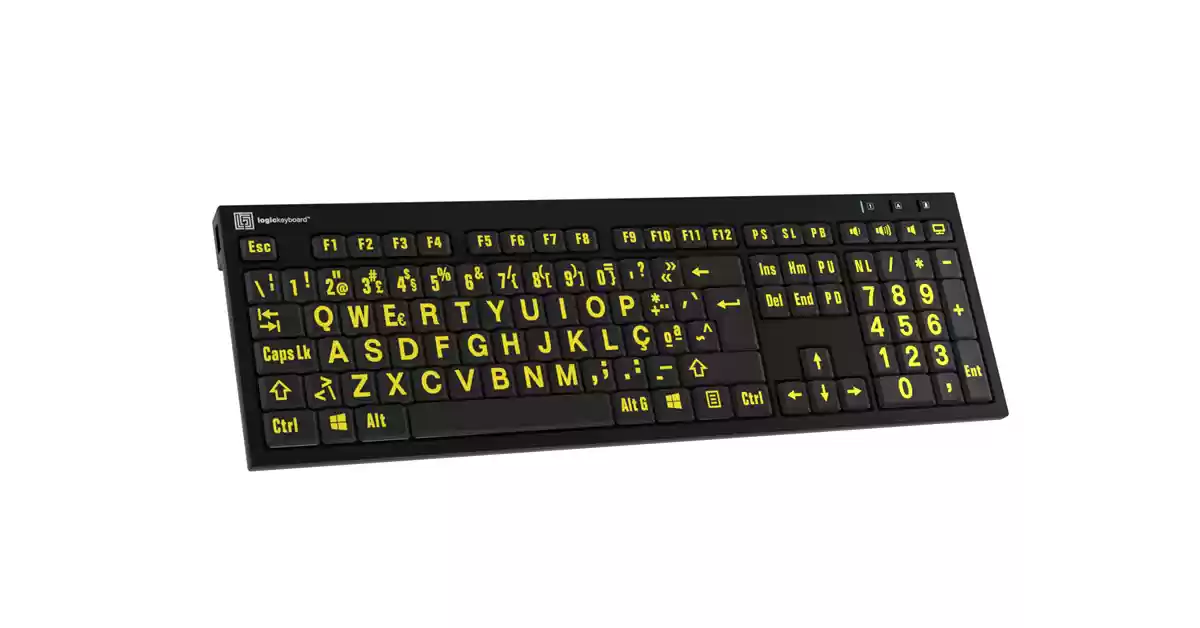 Teclado preto com teclas pretas, caracteres grandes e largos a amarelo.