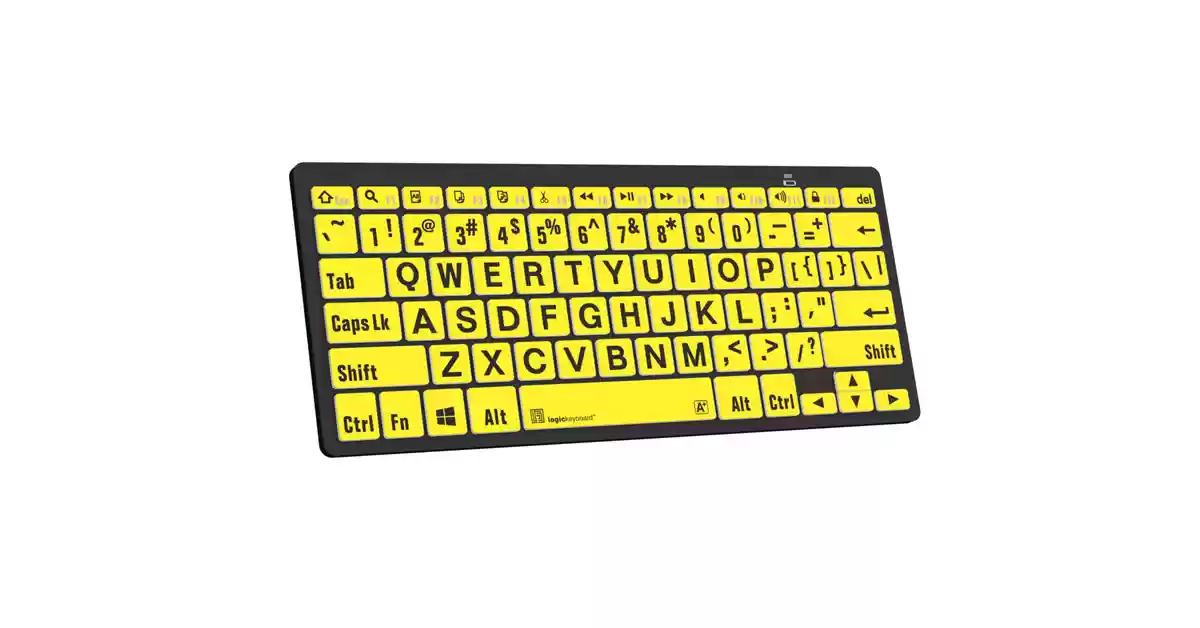 Teclado preto com teclas amarelas, caracteres grandes e largos a preto.
